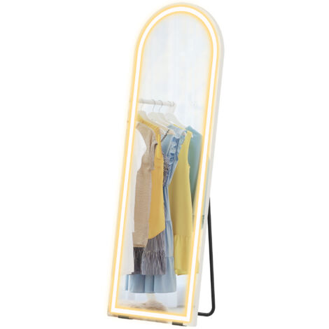 Miroir sur pied pleine longueur avec éclairage 150 x 50 cm, forme arquée, sans cadre, 3 températures de couleur, luminosité réglable, transparent