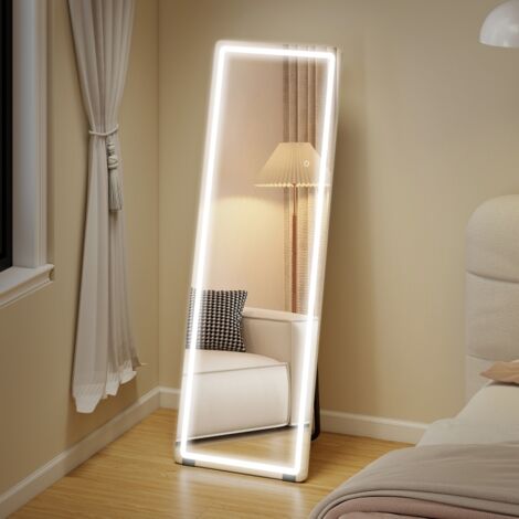 Miroir sur pied pleine longueur avec éclairage intégré – 150 x 50 cm, sans cadre, 3 températures de couleur, luminosité réglable – Transparent