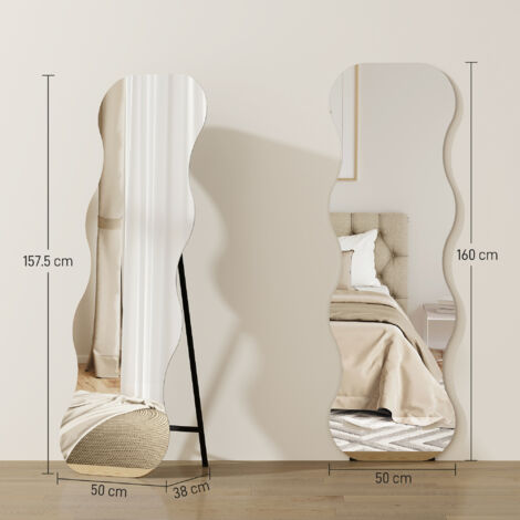 Miroir sur pied sans cadre, socle en bois, positionnable à volonté, forme ondulée, noir