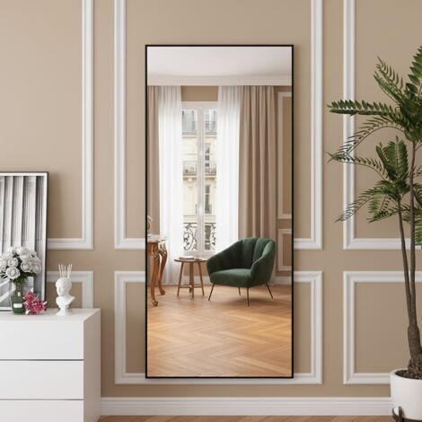 Miroir sur pied, Suspendable miroir en pied, 180x80 cm, rectangulaire, verre haute définition, cadre en alliage d'aluminium, base antidérapante - noir