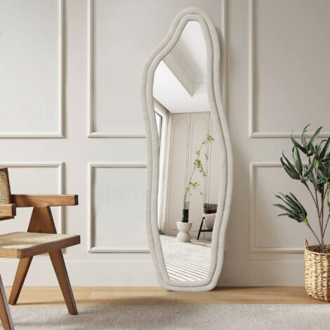 Miroir sur pied velours - 140x45 cm - Grand miroir sur pied, Conception à vagues irrégulières - Peut être fixé au mur ou posé au sol - Blanc