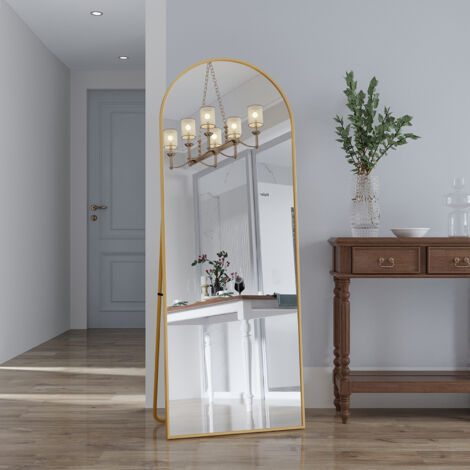 Miroir sur pied vertical doré 162x53 cm – Verre trempé – Cadre en aluminium arc – Support inclinable antidérapant – Grand miroir pleine longueur pour salon ou dressing