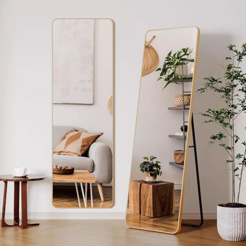 Miroir sur Toute la Longueur,162x53cm,Grand Miroir Mural hd avec Cadre en Métal,Support,Crochet pour Chambre à Coucher,Salon- Angle arrondi, doré