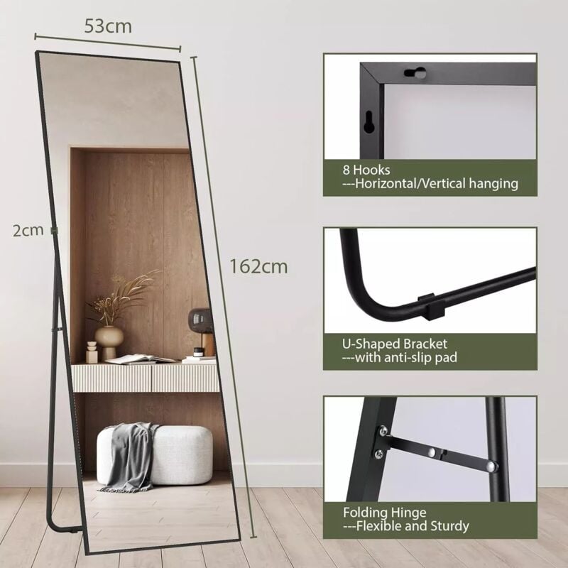 Miroir sur Toute la Longueur,162x53cm,Grand Miroir Mural hd avec Cadre en Métal,Support,Crochet pour Chambre à Coucher,Salon- Angle droit,noir