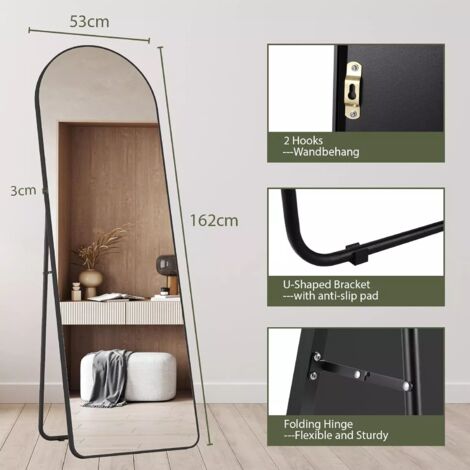 Miroir sur Toute la Longueur,162x53cm,Grand Miroir Mural HD avec Cadre en Métal,Support,Crochet pour Chambre à Coucher,Salon- Arqué, noir