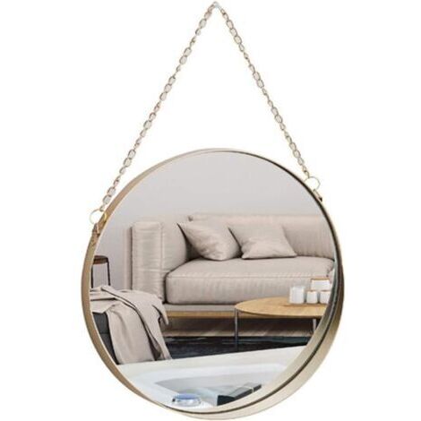 Miroir Suspendu, 25x25 cm Miroir de Maquillage de Salle de Bain Rond Cadre en Laiton avec Chaîne