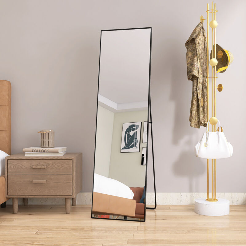 Miroir vertical pleine longueur, miroir cosmétique, verre trempé, cadre en alliage d'aluminium,style simple et rond,noir,140x40cm