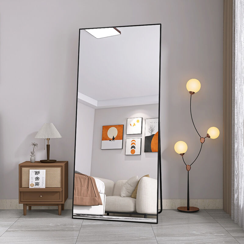 Miroir vertical pleine longueur, miroir cosmétique, verre trempé, cadre en alliage d'aluminium,style simple et rond,noir,180x80cm