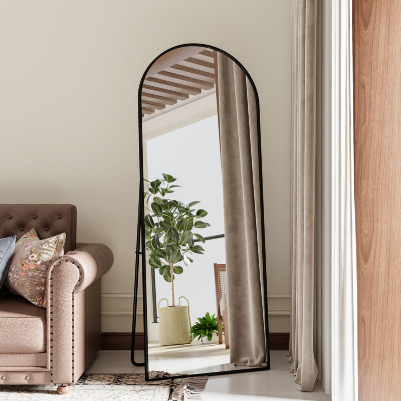 Miroir vertical pleine longueur, miroir cosmétique, verre trempé, cadre en alliage d'aluminium,style simple et rond,noir,165x60cm