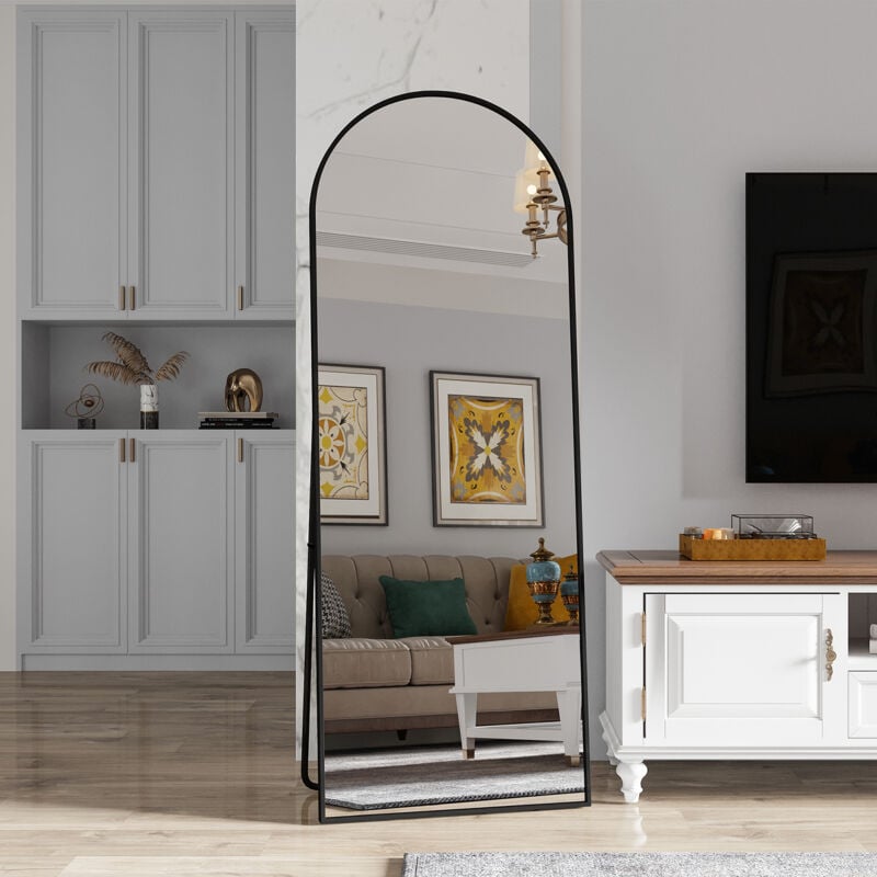Miroir vertical pleine longueur, miroir cosmétique, verre trempé, cadre en alliage d'aluminium,style simple et rond,noir,162x53cm