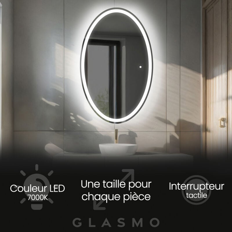 Foram - Miroir led Lumineux 50x70 cm Vivian - Vertical Ovale de Salle de Bain Mural avec éclairage Blanc Froid 7000K avec Interrupteur Tactile