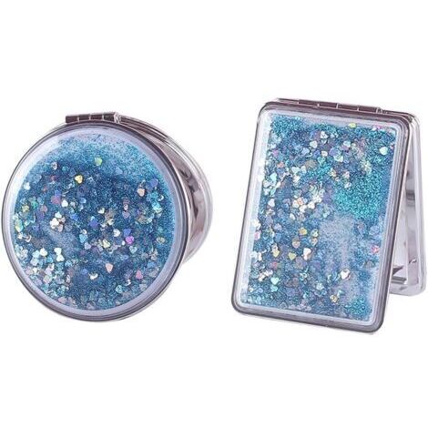 Miroirs pliants double face - Petits miroirs grossissants pliants - Miroir compact à paillettes - portable - Miroir de maquillage de voyage - Bleu