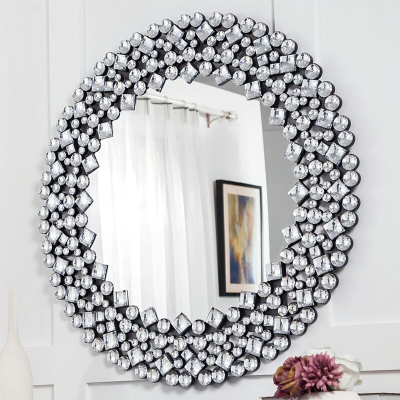 Shyfoy - Miroir décoratif luxueux en strass - Décoration murale ronde de 34 po - Fabriqué en mdf robuste - Luxe élégant
