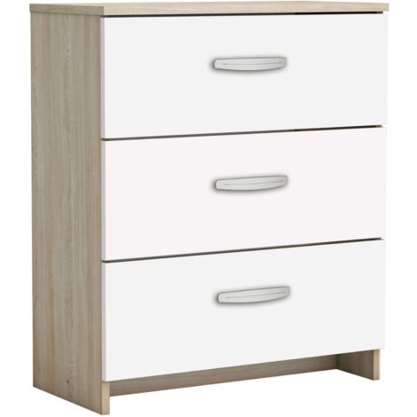 Miroytengo – Commode blanche et chêne Shannon 61 x 72 cm – 3 tiroirs avec façades élégantes – Finition mélaminée – Glissières à billes pour un glissement fluide