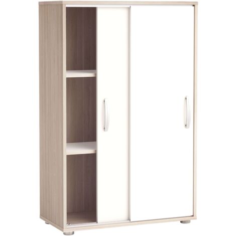 Miroytengo – Meuble à chaussures avec 2 portes coulissantes – Finition mélamine blanc perle et chêne – Dimensions 106 x 68 x 33 cm