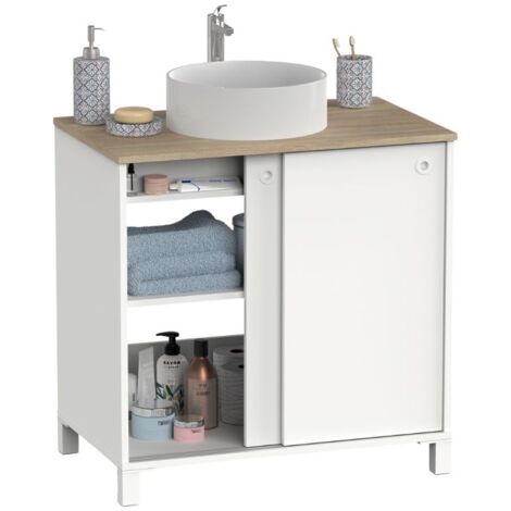 Miroytengo – Meuble sous vasque simple 81 cm – Mélamine blanche – 2 portes coulissantes – Etagère intérieure réglable – Hauteur 94 cm – Profondeur 50 cm