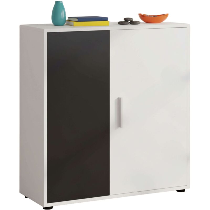 Rom Buffet Salon Salle à Manger 2 Portes 1 Etagère Style Contemporain en Blanc Mat et Noir 80 cm - Miroytengo