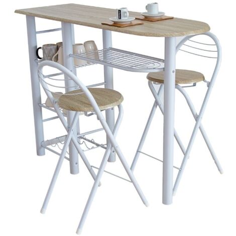 Miroytengo – Table haute nordique en bois blanc 40x120 cm – 2 tabourets pliants – Finition mélamine – Pour espaces modernes et épurés