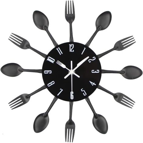 Mirror-effect kitchen clock with spoon, fork, and removable 3D sticker for home decoration, 30304CM, Black
