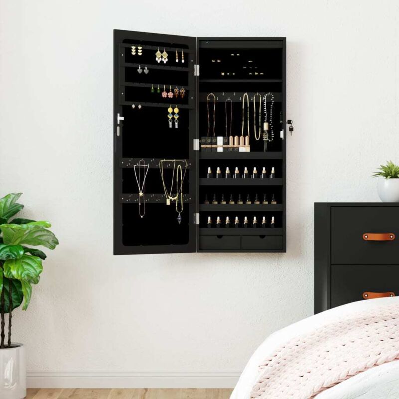 Mirror Jewellery Cabinet With Led Lights Wall Mounted Black Vidaxl