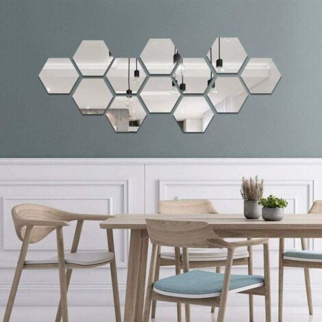 Mirror Wall Sticker,12PCS Removable Mirror Sticker DIY Acrylic Wall Decor Mirror Tile Hexagon Mirror Wall Sticker Living Room Bedroom Mirror (Silver,80x70X40mm)