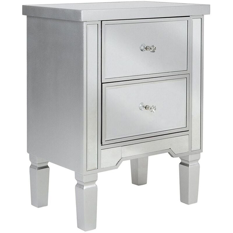 Modern Mirrored 2 Drawer Bedside Table Bedroom Glam Crystal Knob Tigy - Silver