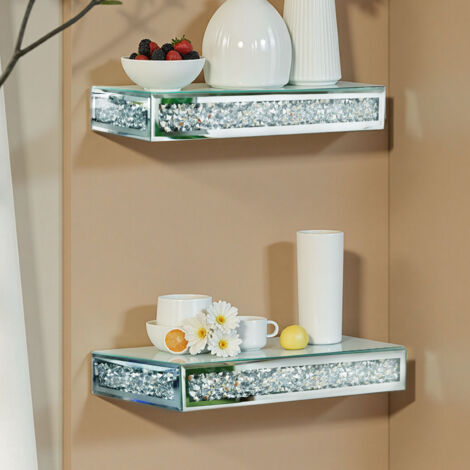 Mirrored Floating Wall Shelf with Glitter Crushed Diamond
