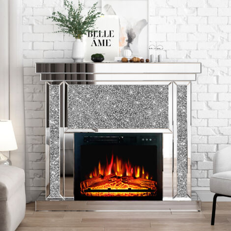 Mirrored Glass Electric Fireplace Crushed Diamond Home Decor