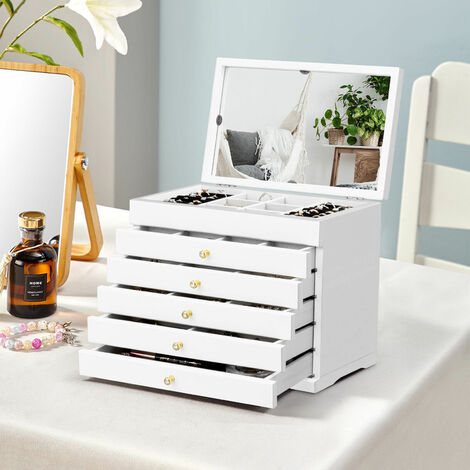 main image of "Mirrored Wooden Jewellery Box Chest Rings Necklaces Storage Organiser Cabinet"