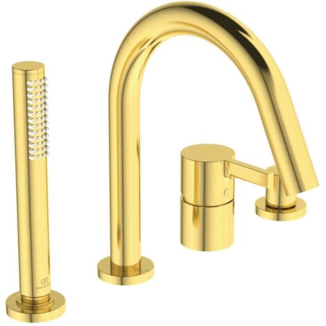 Miscelatore bordo vasca 4 fori JOY canna oro spazzolato con doccetta a bastone e deviatore IDEAL STANDARD
