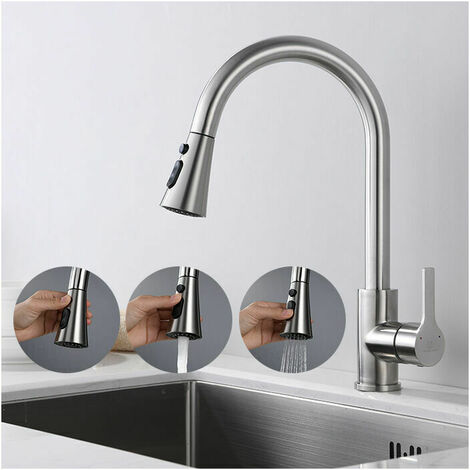 Miscelatore Cucina con Doccetta Estraibile Rubinetto Cucina Girevole 360° Miscelatore Lavello Spazzolato 3 Getti