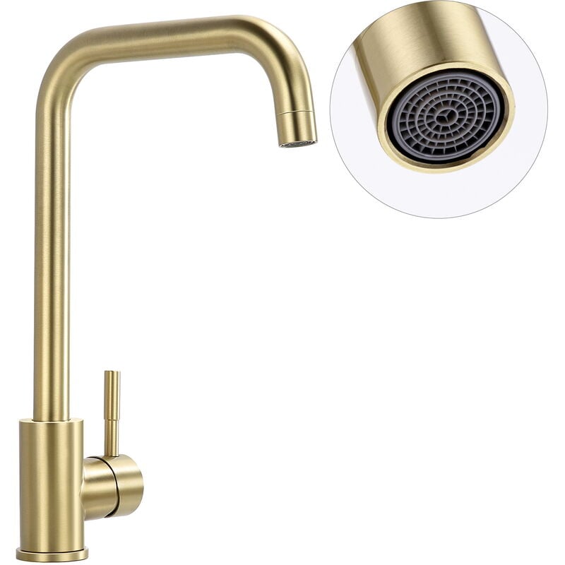 Auralum - Rubinetto da Cucina in Acciaio Inox Spazzolato Oro, Girevole a 360° Rubinetto Cucina Lavello con Aeratore Staccabile, Rubinetto Cucina