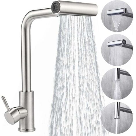 Miscelatore da cucina con doccetta estraibile in acciaio inox - Rubinetto da cucina girevole a 360°, finitura spazzolata, 4 modalità di flusso + sistema antigoccia (alta pressione/risparmio idrico/ins