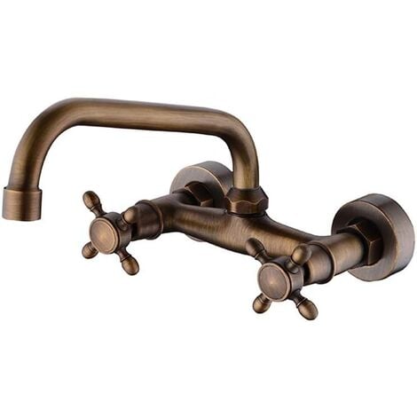 QERSTA Miscelatore da cucina superiore, rubinetto per lavabo europeo retrò - Montaggio a parete - Nero (Colore : Bronzo)