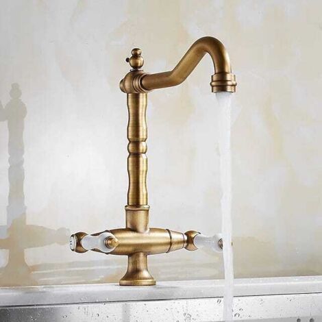 Miscelatore da cucina vintage, rubinetto per lavello retrò, 2 maniglie, acqua calda e fredda regolabile, girevole a 360°, bronzo