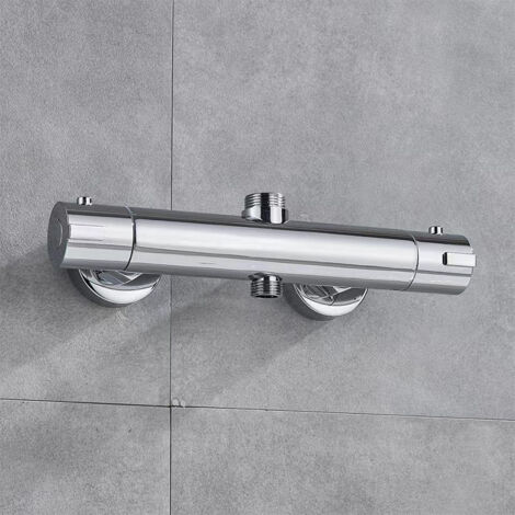 Miscelatore doccia, miscelatore termostatico per doccia con 2 uscite, uscita superiore 3/4" BSP (26,4 mm) e uscita inferiore 1/2" BSP (21 mm), forma rotonda, ottone, finitura cromata