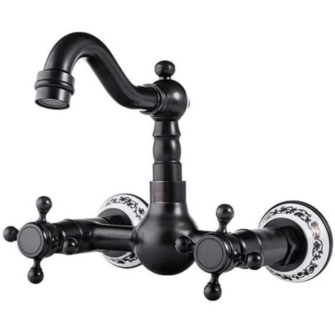 Miscelatore lavabo retrò in ottone, a parete, nero