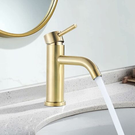 Miscelatore lavabo Rubinetto bagno monocomando tubo ottone rubinetto lavabo acqua calda e fredda oro spazzolato