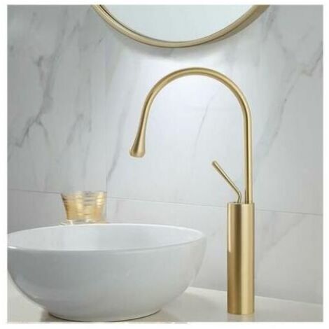Rubinetto Miscelatore Dorato Oro Per Lavabo Bagno, Kit Montaggio Incluso - Modello 7181, Design Elegante