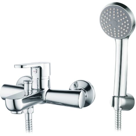 Miscelatore monocomando esterno vasca serie Paco con deviatore automatico completo di doccetta flessibile e gancio in ottone cromato