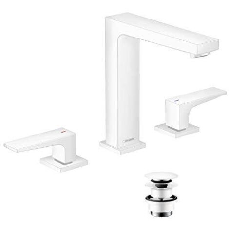 Miscelatore monocomando lavabo 160, 3 fori, maniglie a leva, piletta Push-Open bianco opaco