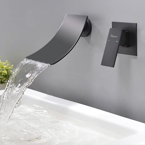 Miscelatore monocomando per lavabo a parete Ineasicer con cascata, bocca extra larga, rubinetto nascosto, nero