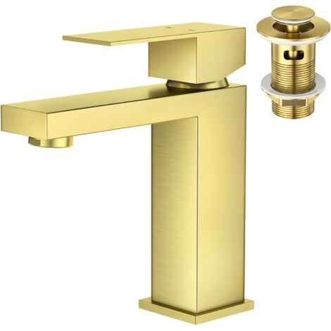 Miscelatore monocomando per lavabo Faustina, scarico a saltarello con troppopieno, quadrato in acciaio inox spazzolato color oro