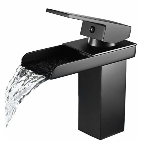Miscelatore per lavabo a cascata, rubinetto da bagno in cromo nero, rubinetto per lavabo in ottone a foro singolo, montaggio su piano, rubinetto da bagno dal design elegante