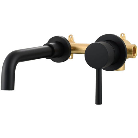 Miscelatore per lavabo a parete in ottone nero a 2 fori con acqua calda e fredda per bagno