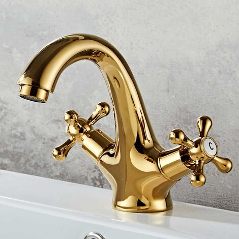 BSR Miscelatore per lavabo da bagno a due maniglie Rubinetto per lavabo da bagno retrò vintage in ottone anticato con manico a croce Design elegante e fori placcati singoli