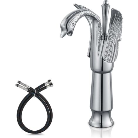 Miscelatore per lavabo da bagno a forma di cigno cromato lucido, maniglia singola, miscelatore per lavabo alto, montaggio su piano, argento
