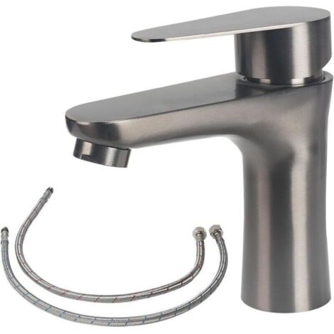 Miscelatore per lavabo in acciaio inox 304, rubinetto per bagno con tubo flessibile, rubinetto per lavabo con accessori di installazione, dispenser di sapone per le mani con acqua calda e fredda (grig