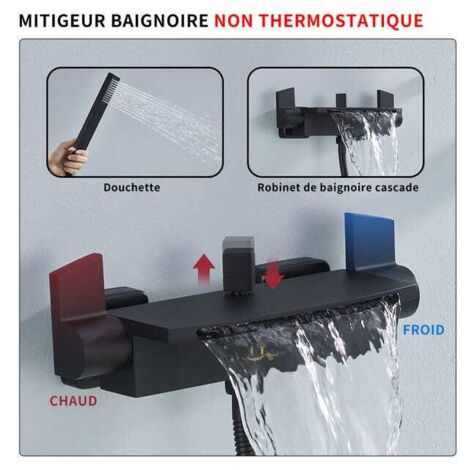 Miscelatore per vasca a cascata in ottone nero opaco - Rubinetto a parete a risparmio idrico con ampia uscita acqua, doccetta e tubo flessibile