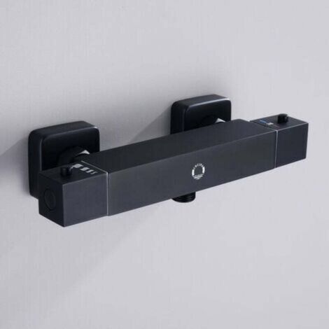 Miscelatore termostatico per doccia nero, rubinetto doccia quadrato con termostato e pulsante di sicurezza 38°C, miscelatore termostatico per vasca da bagno in ottone per bagno - Nero